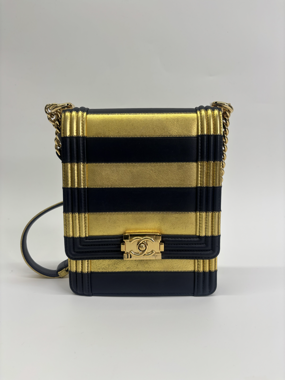 CHANEL METALLIC LAMBSKIN STRIPPED NORTH SOUTH BOY FLAP