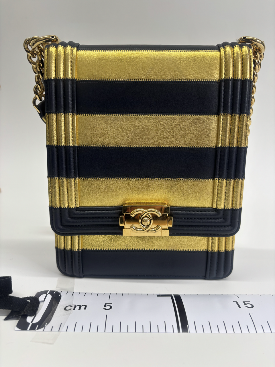 CHANEL METALLIC LAMBSKIN STRIPPED NORTH SOUTH BOY FLAP hover